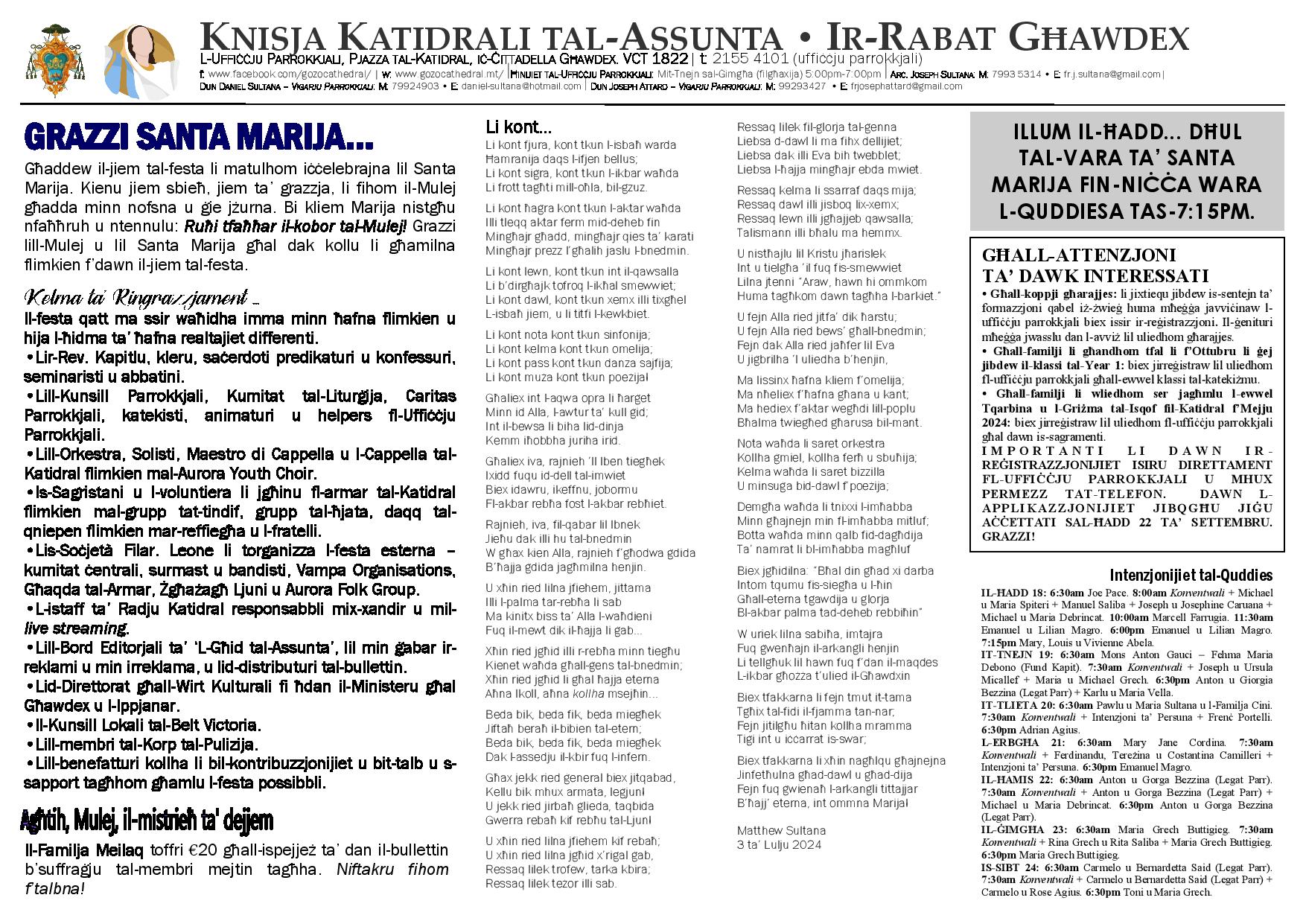 Bullettin Ħadd 18 ta' Awwissu 2024